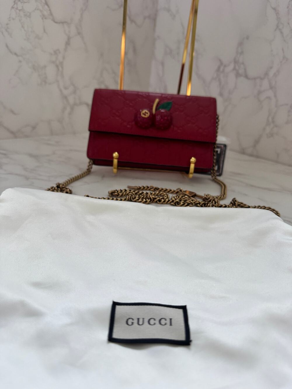 Gucci Guccissima Leather Mini Cherry Chain Shoulder Bag in Red